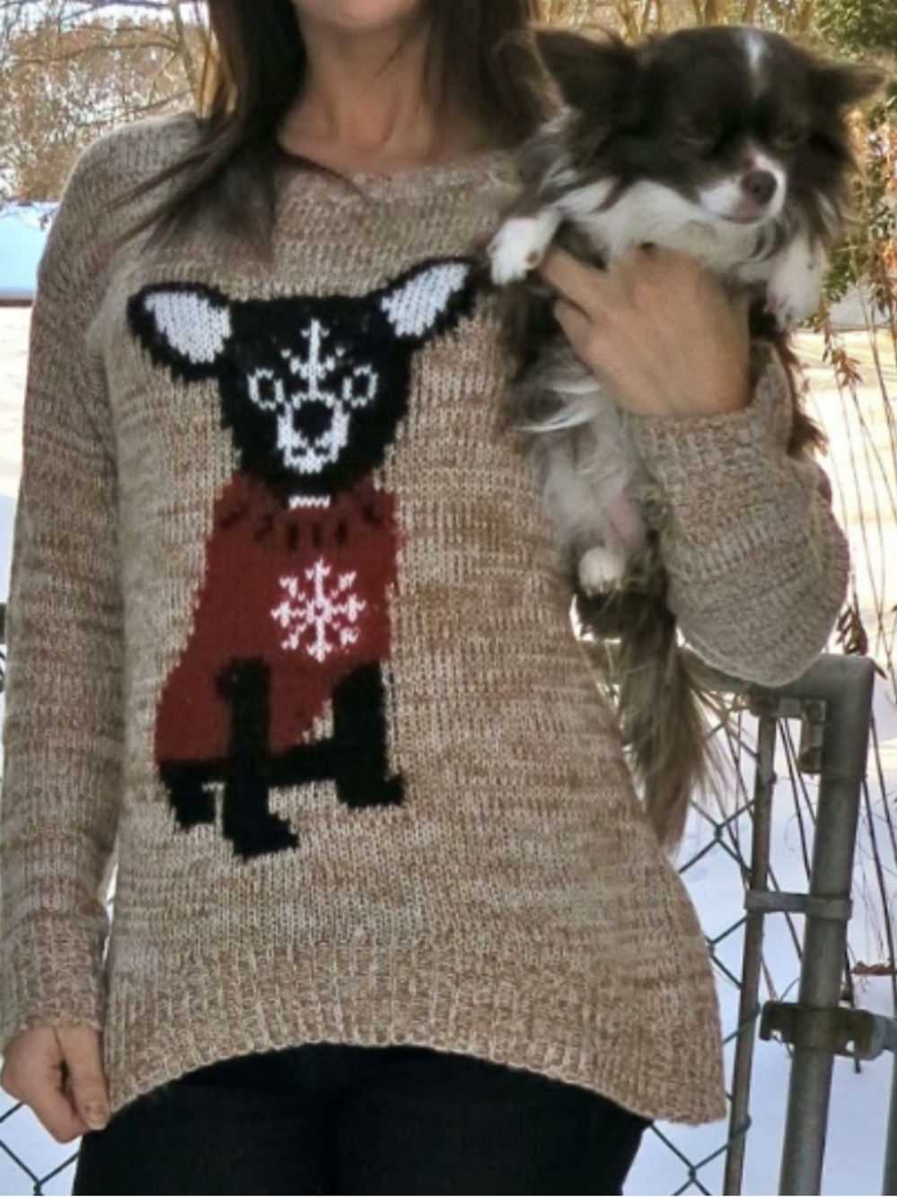Exhilaration Women’s Beige Crewneck Chihuahua Holiday Sweater. Size Medium
